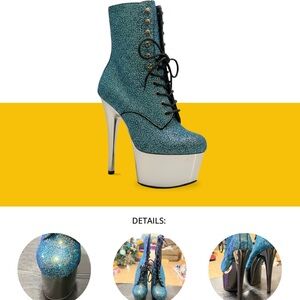 Pleaser Teal Rhinestone Platform Boots • 7" Chrome Heel • Lace-Up Ankle Boot